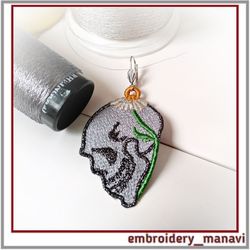 FSL embroidery Earrings pendant keychain skull with flower.