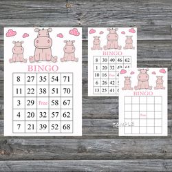 Pink hippo bingo cards,hippo bingo game,Safari printable bingo cards,60 Bingo Cards,INSTANT DOWNLOAD--184
