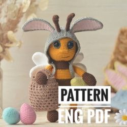 Bee in a hat with ears, Easter, PDF English crochet pattern