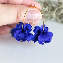 Blue Orchid Flower Earrings Hoops. Blue Flower Earrings. Flower In Hoops Earrings. Blue Jewelry. Polymer Clay Jewelry