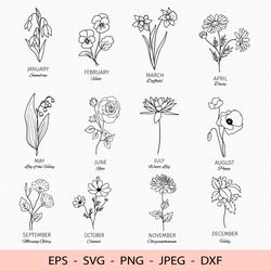 Birth Flower Svg Floral Png File for Cricut dxf for laser cut Poppy Rose Daffodil Line Art
