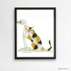 Bathroom Calico Cat Art Print, Cat Decor, Watercolor Painting, Bathroom Art, Cat Lover Gift