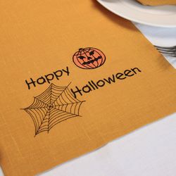 Happy halloween embroidered linen table runner, Fall handmade halloween party decorations indoor
