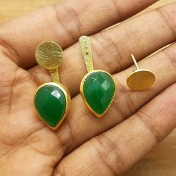 Green Onyx Silver Ear Jacket Earrings Texture Jewelry