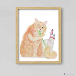 Bathroom Orange Cat Art Print, Cat Decor, Watercolor Painting, Bathroom Art, Cat Lover Gift