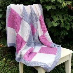 Hand-knitted baby blanket, gray white pink wool plaid for baby crib
