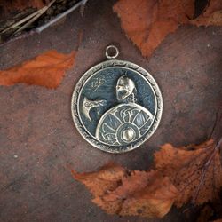 Warrior pendant on black leather cord. Traditional pagan handmade jewelry. Scandinavian Soldier necklace. Man present.