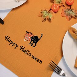 Happy halloween fall linen table runner, Handmade halloween party table decor, Embroidered cloth halloween table linens