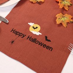 happy halloween fall terracotta linen table runner, handmade halloween party table decor, embroidered cloth table linens