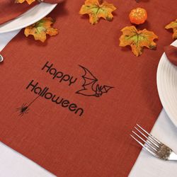 Happy halloween fall terracotta linen table runner, Handmade halloween party table decor, Embroidered cloth table linens
