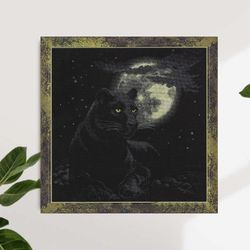 Black panther Wall Art Decor, Finished Cross Stitch, Full moon Embroidery Art Print, Wild cat  Wall Art, Original Gifts,