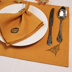 Halloween linen placemats sets, Custom embroidered spider web kitchen table decor, Halloween home decor