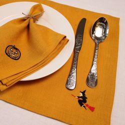 Halloween linen placemats sets, Custom embroidered witch kitchen table decor, Halloween home decor