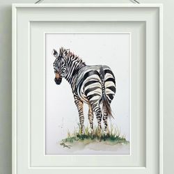 Watercolor original zebra painting 8x11 inches wall decor art by Anne Gorywine
