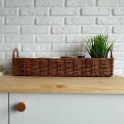 extra long bathroom basket. rectangular holder basket. wicker basket for towel. long narrow tray for shelf. storage box