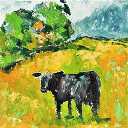 Cow Painting Original Art Oil Painting Farm Painting Cow Artwork landscape Painting Small Art Meadow Painting 10" x 10"