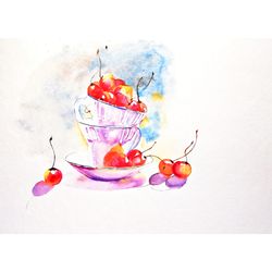Cherry Painting Still Life Wall Art Watercolor Fruit Original Artwork Cherry Small Painting by LarisaRay