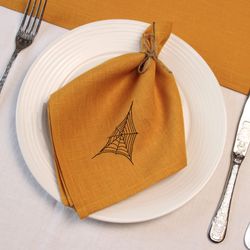 Halloween linen napkins sets, Cloth embroidered spider web kitchen table decor, Custom fall halloween home decor