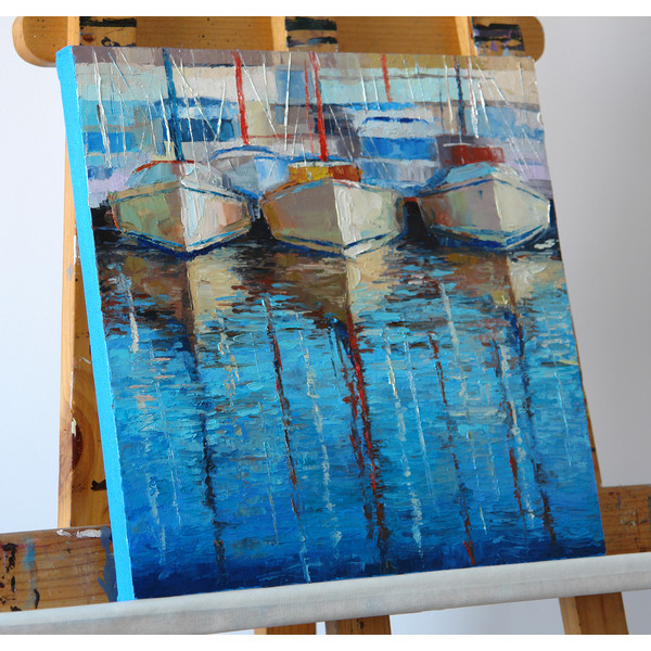 sailboats on pier oil impasto seascape painting.jpg