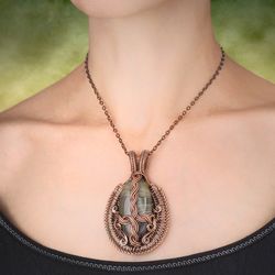 Large copper wire wrapped pendant this natural agate / Unique gemstone necklace / Handmade copper jewelry Wirewrapart