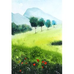 Meadow Painting Original Art Spring Mountain Landscape Watercolor Poppy Artwork 6" by 8" by D.Vyazmin