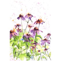 Coneflower Painting Daisy Original Art Meadow Watercolor Wildflower Landscape by D. Vyazmin