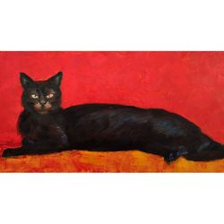 Cat Painting Black Cat Original Art Cat Lover Gift Animal Artwork Black and Red Wall Decor by Sonnegold