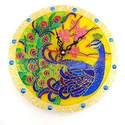 Stained glass wall clock blue peacock Unique gift Yellow handmade wall hanging decor