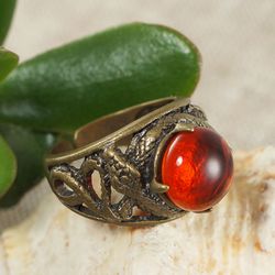 Orange Fire Red Glass Bronze Snake Adjustable Ring Large Statement Boho Hippie Brutal Gothic Unisex Ring Jewelry 6806