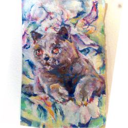 aceo original watercolour, cat kitty, cats beautiful cats cards original