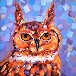 Owl Painting Bird Original Art Animal Oil Painting Virgin Eagle Owl Wall Art 16" by 16" by D. Vyazmin