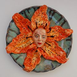 Wall plate Talking Flowers Lily Alice in Wonderland Flower Ceramic wall art  Hand Sculpted ,Fairy Face, flower figurine