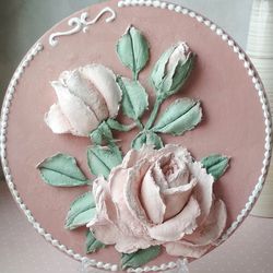Round small painting with 3D pink roses Mother's day gift Floral painting gift Roses wall decor Wall decor