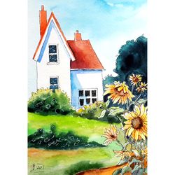 Texas Painting Sunflowers Original Art Watercolor Landscape Cottage Artwork by D. Vyazmin
