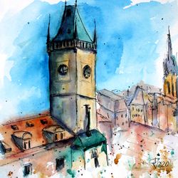 prague painting cityscape original art watercolor czech artwork old square art 8" by 8" by d, vyazmin