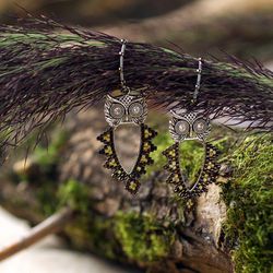 Owl earrings or dangles for plugs at 20g-0g and more. Brown cottagecore earrings as bird watcher gift