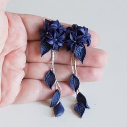 Dark Blue Long Earrings. Cobalt Blue Flowers Earrings. Navy Blue Bridesmaid Jewelry. Mothers Day Gift. Floral jewelry