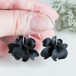 Black Orchid Earrings. Black Flower Earrings. Flower In Hoops Earrings. Polymer Clay Jewelry. Black Flower Earrings Hoop