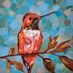 Hummingbird Painting Bird Original Art Animal Oil Painting Small Artwork 10" by 10" by Dmitry Vyazmin