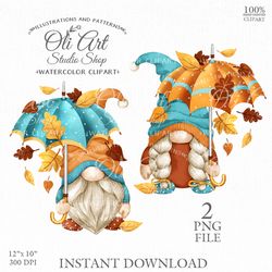 Fall gnomes clip art. Autumn gnome with an umbrella. Autumn leaves. Clip art png. Hand drawn graphics.