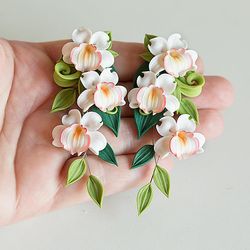 White Orchid Earrings. Hawaiian Party Wedding Jewelry. Tropical Flower Earrings. Exotic Flower Oversized Earrings