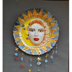 Large wall plate Wall decor Ceramic tile Wall sculpture Celestial beings Sun moon stars rainbow Hanging sculpture