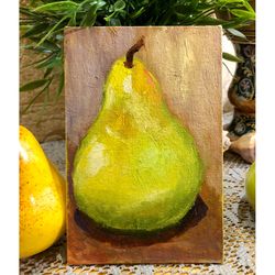Pear painting, Fruit Original oil Painting, Kitchen Still Life, Small Painting Framed Wall Decor