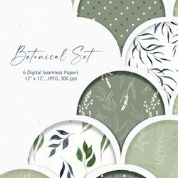 Digital watercolor seamless patterns with green leaves, branches and polka dots. Botanical print in sage green and white