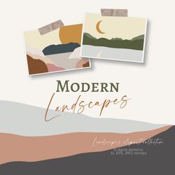 Mid-century modern abstract landscape clipart in warm colors. Contemporary illustrations with mountains, hills, fields