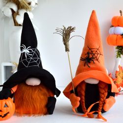 Gnome Witch Set with Broom and Pumpkin / Halloween Tiered Tray Decor