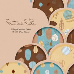 Retro vibes in digital seamless pattern set. Leaves, polka dots in 60s, 70s style. Yellow, blue, brown botanical layout
