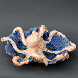 Blue Ceramic bowl Octopus figurine Serving Dish Handmade bowl Partitioned dish Sea wave Vase Double serving bowl