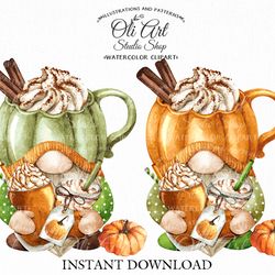 Gnomes pumpkin drinks clipart PNG. Fall gnomes. Autumn pumpkins, cute characters