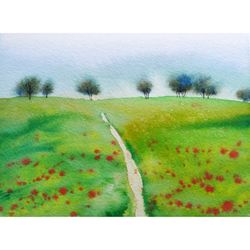 Wildfowers Painting Tree Original Watercolor Countride Art Meadow Wall Art Landscape Artwork 5x7 by Sonnegold